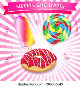 Donut, ice cream and lolly vector illustration vintage banner, background. Summer sweets retro banner, poster design with hand drawn text. Abstract food background