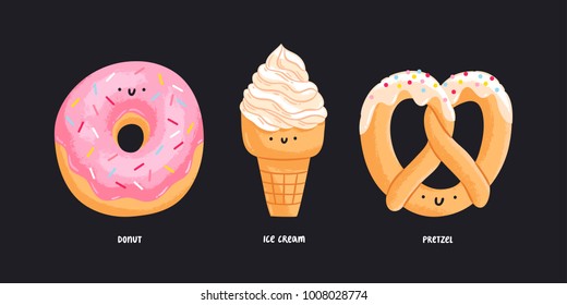 Donut, ice cream and pretzel isolated vector illustrations