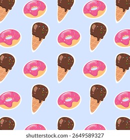 Donut en ijs naadloos patroon. Chocolade-ijs en aardbei glazuur donut. Lekkere en zoete woestijn. Kan worden gebruikt voor print, behang, papier wrapping en mode stof