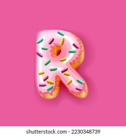 Donut icing baby pink upper latters - R Font of donuts. Bakery sweet alphabet. Donut alphabet latter R isolated on pink background, vector illustration.