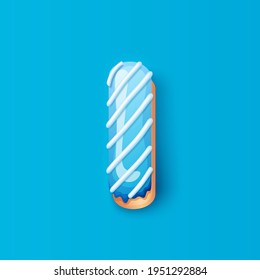 Donut icing blue upper latters - I Font of donuts. Bakery sweet alphabet. Donut alphabet latter I isolated on blue background, vector illustration.