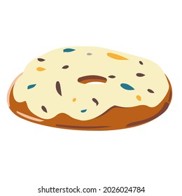 Donut with icing and chocolate chips, confectionery powder, bakery, chocolate bar, isolated pieces, milk and white chocolate. Cartoon illustration, modern design. Vector image, Print