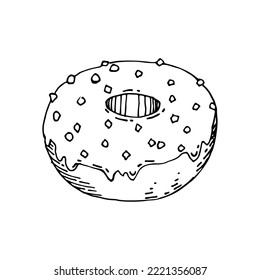 Donut with icing or chocolate. Doughnut 3d hand drawn line vector illustration.