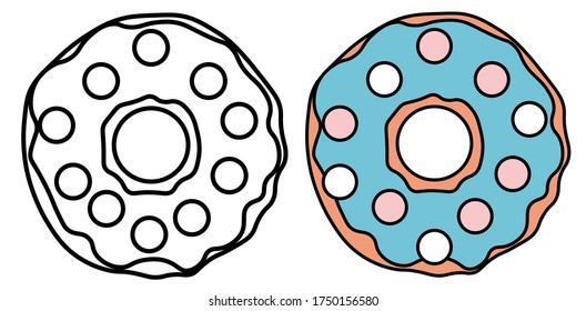 Donut with icing. Coloring book for children and adults. Hand drawn antistress coloring book. Vector illustration outline design for wallpaper, wrapping, print.