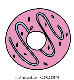 Donut with icing. A delicious dessert for tea drinking. Colored flat vector illustration. Doodle vector illustration. Cute element for greeting cards, posters, stickers. Separate on a white background