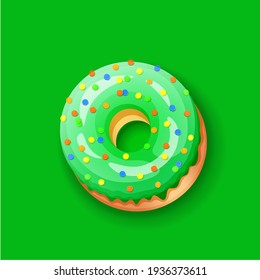 Vereisende grüne obere letztere - O Font of Donuts. Bäckerei süßes Alphabet. Donut-Alphabet letzteres O einzeln auf grünem Hintergrund, Vektorgrafik