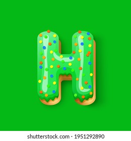 Donut icing green upper latters - H Font of donuts. Bakery sweet alphabet. Donut alphabet latter H isolated on green background, vector illustration.
