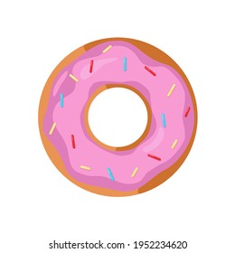 Donut with icing, isolated color icon on white background. Simple icon of fast food, dessert for cafes, restaurants, shops. Delicious sweet pastries. Fast Food Symbol. Flat vector illustration