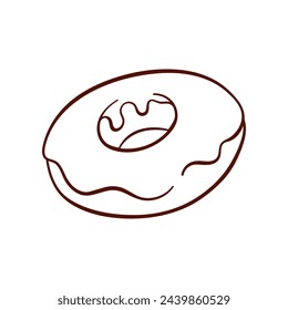 Donut with icing in line art style. Simple cupcake icon for logo, bakery and cafe menu. Vector illustration isolated on a white background.