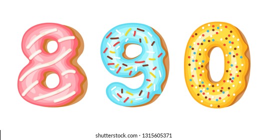 Donut icing numbers digits - 8, 9, 0. Font of donuts. Bakery sweet alphabet. Donut alphabet latters A b C isolated on white background, vector illustration