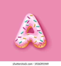 Donut icing pink upper latters - A Font of donuts. Bakery sweet alphabet. Donut alphabet latter A isolated on pink background, vector illustration