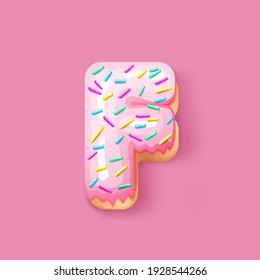 Donut icing pink upper latters - F Font of donuts. Bakery sweet alphabet. Donut alphabet latter F isolated on pink background, vector illustration.