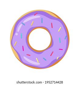 Donut with icing purple and colorful sprinkles, isolated color icon on white background. Simple icon of fast food, dessert for cafes, restaurants, shops. Fast Food Symbol. Flat vector illustration	