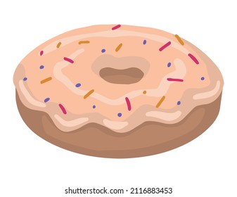 Donut with icing. Single doodle of sweet food, dessert. Hand drawn vector illustration in flat style. Cartoon clipart isolated on white background.