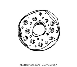 Donut icing sketch isolated on white background. Dessert sweet donut with topping and chocolate chips icon logo, Freehand drawn Tasty food element lineart style for cafe, menu, cookbook. Sweet dessert
