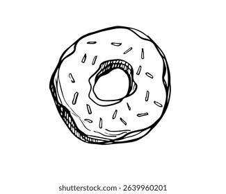 Donut icing sketch isolated on white background. Dessert sweet donut with pastry sprinkles, donut icon logo. Freehand drawn Tasty food element line art style for cafe, menu, cookbook. Sweet dessert.