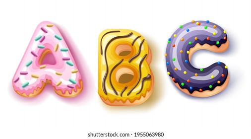Donut icing upper latters - ABC Font of donuts. Bakery sweet alphabet. Donut alphabet latter ABC isolated on white background, vector illustration.
