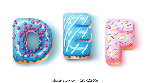 Donut icing upper latters - DEF Font of donuts. Bakery sweet alphabet. Donut alphabet latter DEF isolated on white background, vector illustration.