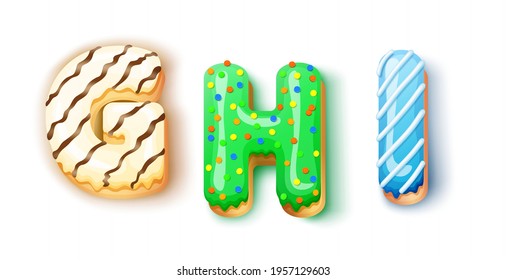 Donut icing upper latters - ghi Font of donuts. Bakery sweet alphabet. Donut alphabet latter ghi isolated on white background, vector illustration.