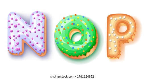 Donut icing upper latters - ghi Font of donuts. Bakery sweet alphabet. Donut alphabet latter ghi isolated on white background, vector illustration.