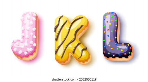 Donut icing upper latters - JKL Font of donuts. Bakery sweet alphabet. Donut alphabet latter JKL isolated on white background, vector illustration.