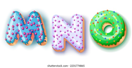 Donut icing upper latters - MNO Font of donuts. Bakery sweet alphabet. Donut alphabet latter MNO isolated on white background, vector illustration