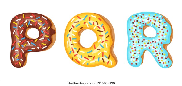Donut icing upper latters - P, Q, R. Font of donuts. Bakery sweet alphabet. Donut alphabet latters A b C isolated on white background, vector illustration