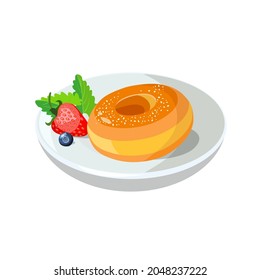 Donut icon with berries on plate for classic hotel breakfast. Brunch healthy start day options food. For food design. Vector illustration.