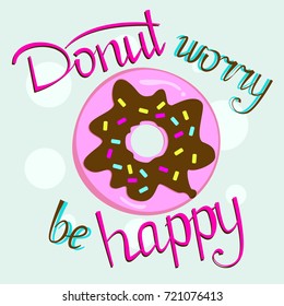 Donut icon in chocolate glaze. Modern flat lay style with unique lettering for posters, print, cafe, coffee house, bakeshop. 