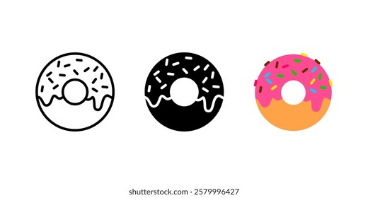 Donut icon. Classic usa round donut sign. American sweet fried pastry with glaze symbol. Tasty doughnut with sprinkles pictogram.