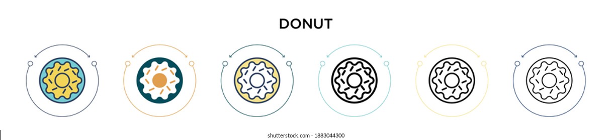 Donut icon in filled, thin line, outline and stroke style. Vector illustration of two colored and black donut vector icons designs can be used for mobile, ui, web