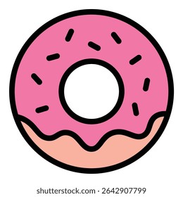 Donut icon flat line style illustration representing sweet fried pastries, suitable for bakery, dessert, and food-related projects