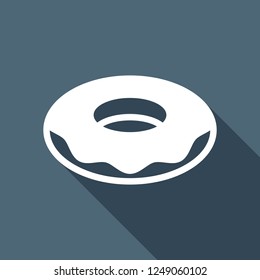 Donut, icon of food, side view. White flat icon with long shadow on blue background