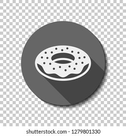 Donut, icon of food, side view. flat icon, long shadow, circle, transparent grid. Badge or sticker style