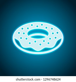 Donut, icon of food, side view. Neon style. Light decoration icon. Bright electric symbol
