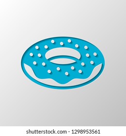 Donut, icon of food, side view. Paper design. Cutted symbol with shadow