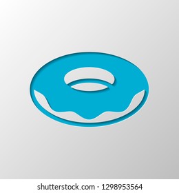 Donut, icon of food, side view. Paper design. Cutted symbol with shadow