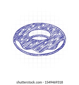 Donut, icon of food, side view. Hand drawn sketched picture with scribble fill. Blue ink. Doodle on white background