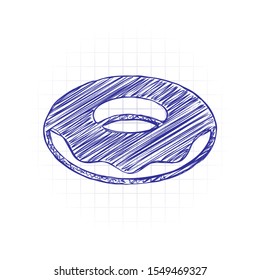 Donut, icon of food, side view. Hand drawn sketched picture with scribble fill. Blue ink. Doodle on white background