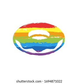 Donut, icon of food, side view. Drawing sign with LGBT style, seven colors of rainbow (red, orange, yellow, green, blue, indigo, violet