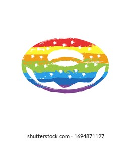 Donut, icon of food, side view. Drawing sign with LGBT style, seven colors of rainbow (red, orange, yellow, green, blue, indigo, violet
