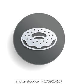 Donut, icon of food, side view. White paper symbol on gray round button or badge with shadow