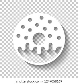 Donut, icon of food, top view. White icon with shadow on transparent background