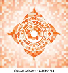 donut icon inside abstract emblem, orange mosaic background
