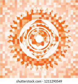 donut icon inside abstract emblem, orange mosaic background