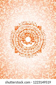 donut icon inside abstract emblem, orange mosaic background