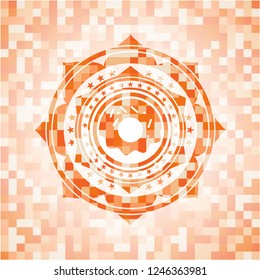 donut icon inside abstract emblem, orange mosaic background