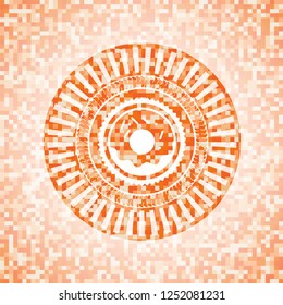 donut icon inside abstract emblem, orange mosaic background