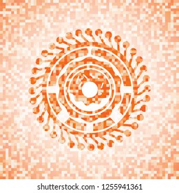 donut icon inside abstract emblem, orange mosaic background