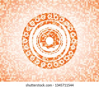 donut icon inside abstract emblem, orange mosaic background